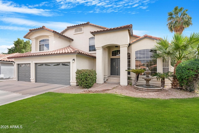 mediterranean / spanish house featuring driveway, a garage, a front lawn, and stucco siding