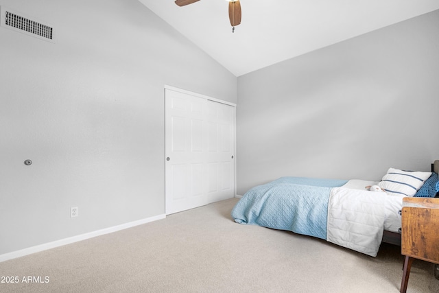 carpeted bedroom featuring ceiling fan, high vaulted ceiling, visible vents, and baseboards