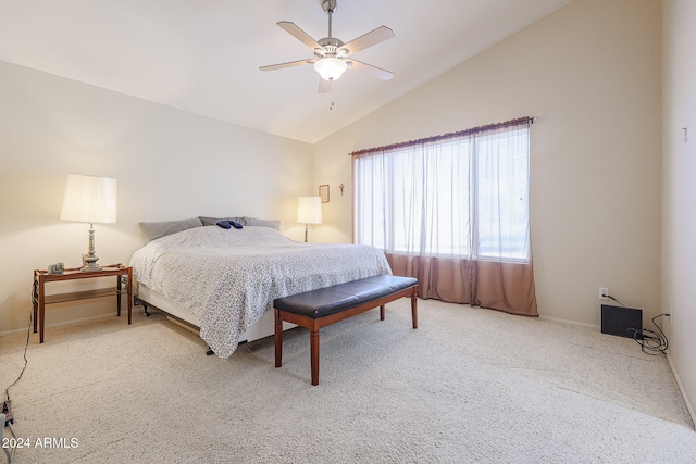 bedroom with carpet flooring, lofted ceiling, and ceiling fan