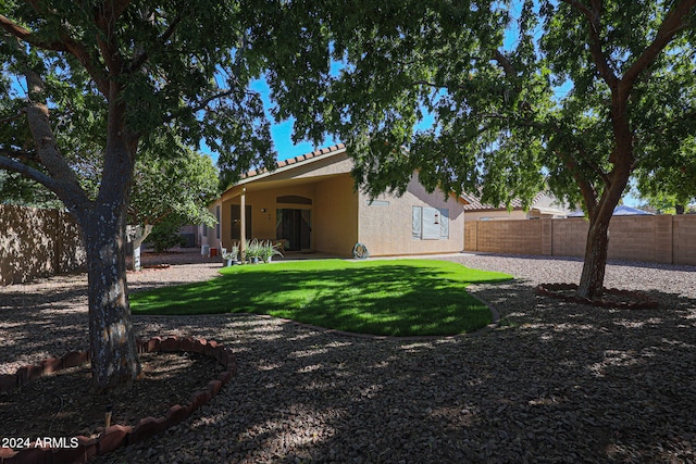 back of house featuring a lawn and a patio area