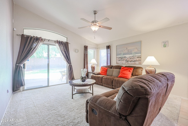 living room with vaulted ceiling and ceiling fan