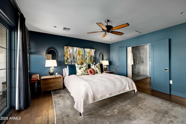 bedroom featuring dark hardwood / wood-style floors and ceiling fan