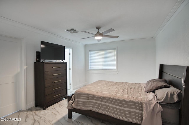 4202 W Purdue Ave, Phoenix, AZ 85051 - bedroom featuring light marble finish flooring, ornamental molding, and a ceiling fan