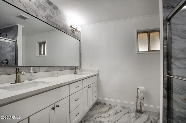 4202 W Purdue Ave, Phoenix, AZ 85051 - full bathroom featuring ornamental molding, marble finish floors, double vanity, and a marble finish shower