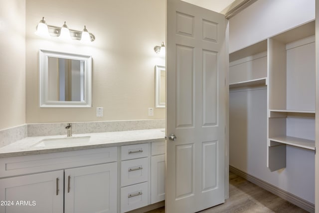 bathroom with wood finished floors and vanity
