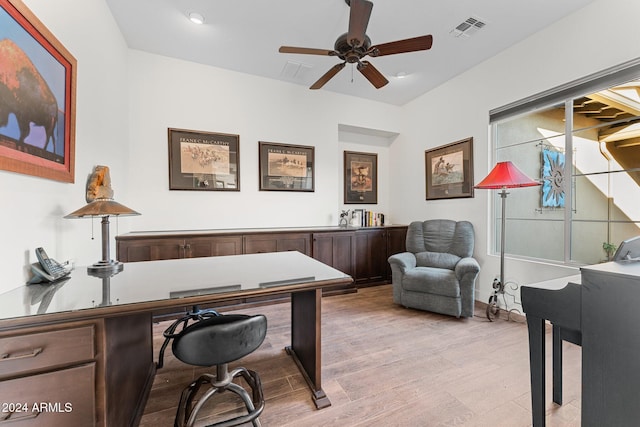 office space with ceiling fan and light wood-type flooring