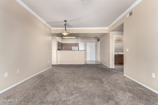 unfurnished living room with dark carpet and crown molding