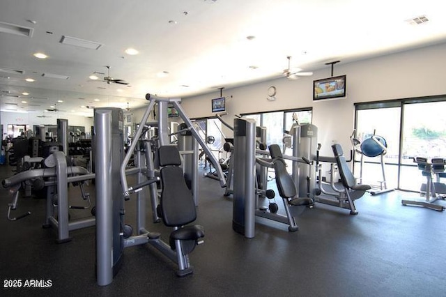 exercise room featuring ceiling fan