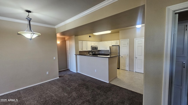 kitchen with light colored carpet, kitchen peninsula, hanging light fixtures, stainless steel appliances, and white cabinets