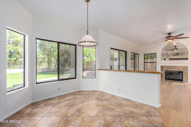 interior space featuring a premium fireplace, baseboards, and a ceiling fan