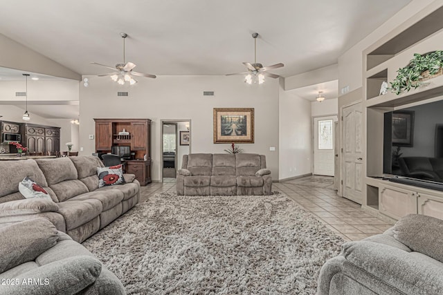 living area featuring baseboards, a ceiling fan, high vaulted ceiling, and light tile patterned floors