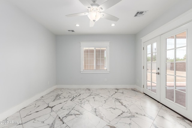3316 E Fillmore St, Phoenix, AZ 85008 - unfurnished room featuring french doors, recessed lighting, ceiling fan, and marble finish flooring