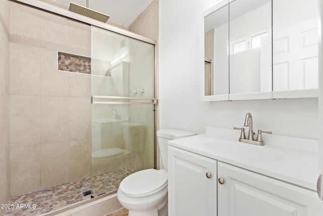 bathroom with vanity, toilet, and an enclosed shower