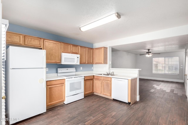 kitchen featuring ceiling fan, white appliances, a peninsula, and dark wood-style flooring