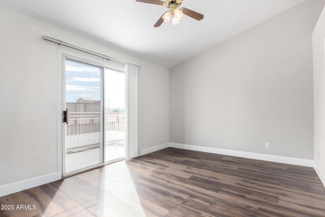 unfurnished room with baseboards, ceiling fan, and wood finished floors