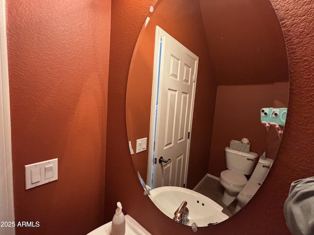 bathroom with toilet, sink, and lofted ceiling