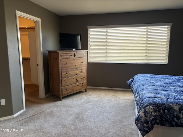 bedroom featuring carpet, a walk in closet, and a closet