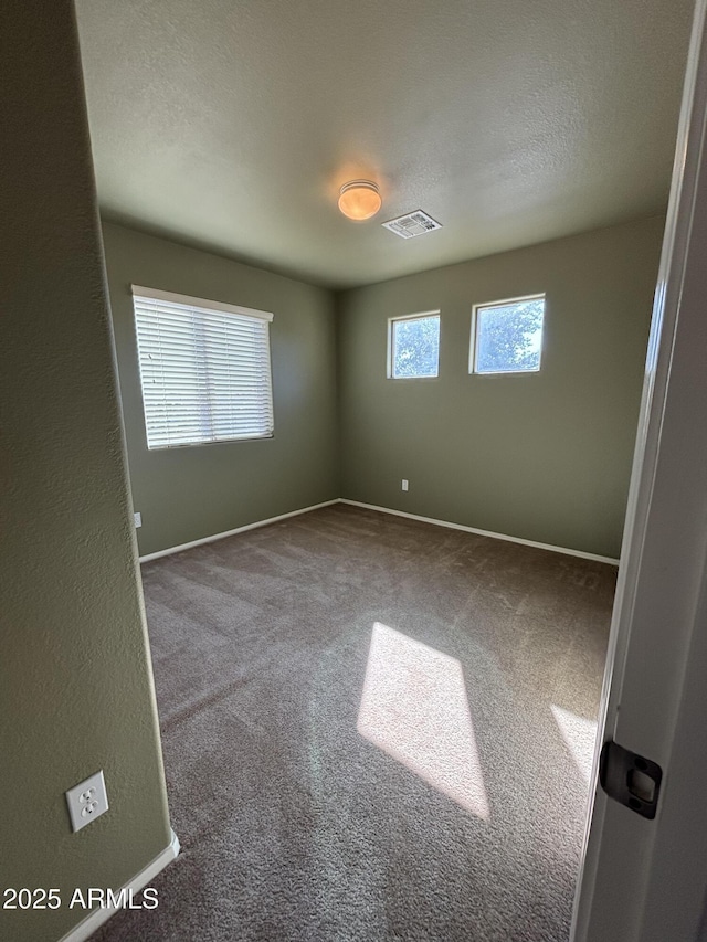 unfurnished room featuring a textured ceiling and carpet floors