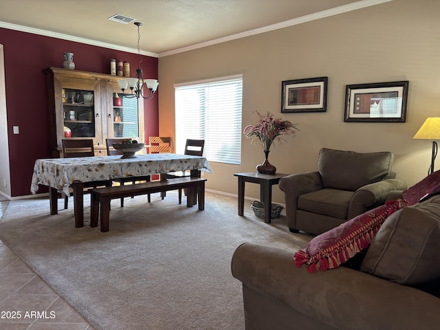 dining space featuring light tile patterned floors, an inviting chandelier, and ornamental molding