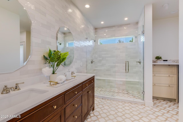 7348 N 9th Pl, Phoenix, AZ 85020 - full bath with double vanity, a stall shower, and tile patterned floors