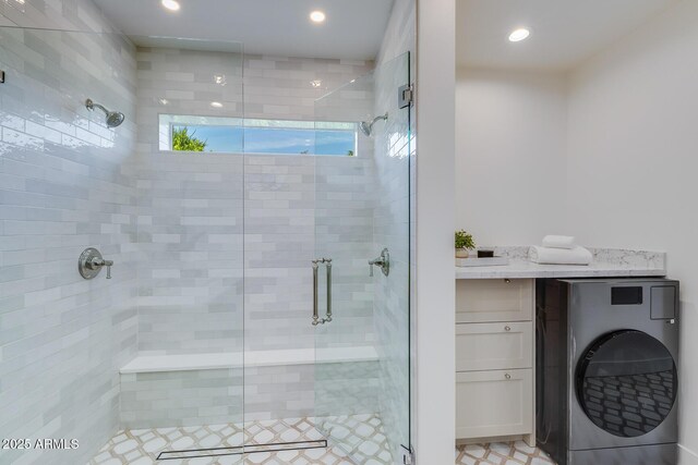 7348 N 9th Pl, Phoenix, AZ 85020 - bathroom with washer / clothes dryer, a shower stall, recessed lighting, and tile patterned flooring