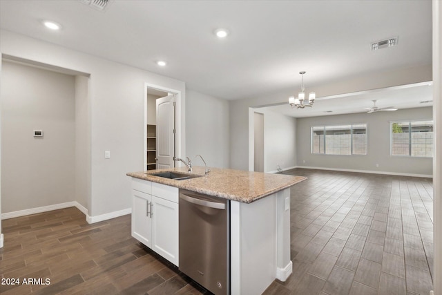 10630 W Pinchot Ave, Avondale, AZ 85392 - kitchen with sink, hanging light fixtures, light stone counters, white cabinets, and stainless steel dishwasher
