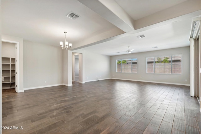 unfurnished room featuring beamed ceiling, dark hardwood / wood-style floors, and ceiling fan with notable chandelier