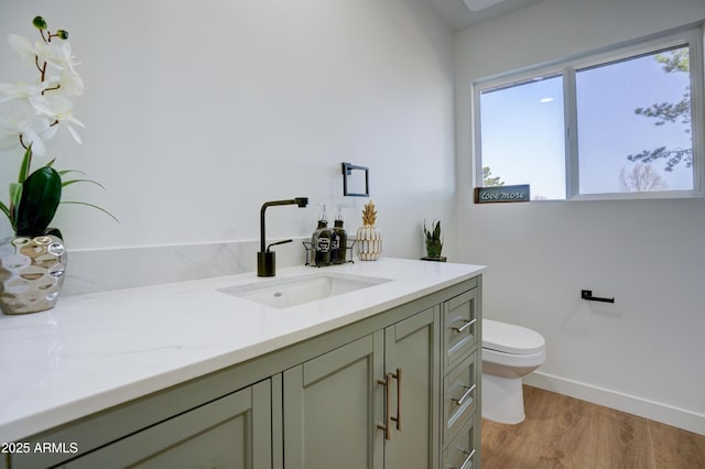 bathroom featuring toilet, vanity, baseboards, and wood finished floors