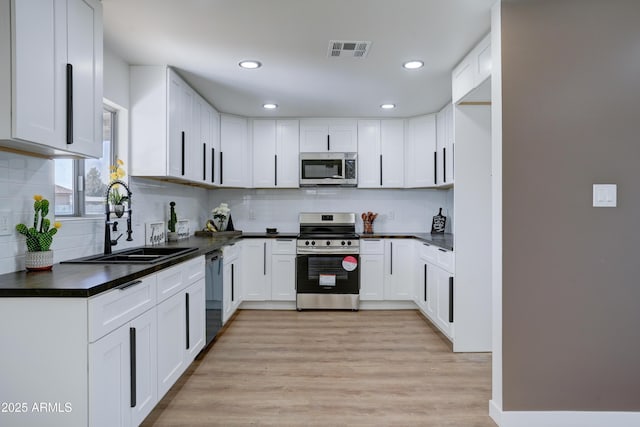 kitchen with a sink, dark countertops, visible vents, white cabinets, and appliances with stainless steel finishes