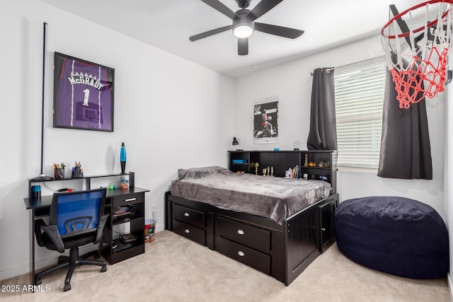 bedroom with ceiling fan and light colored carpet