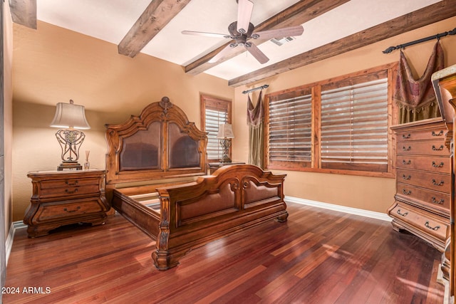 bedroom featuring beam ceiling, dark hardwood / wood-style flooring, and ceiling fan