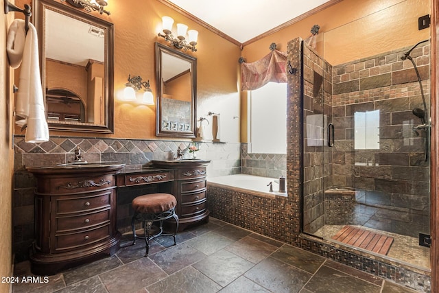 bathroom featuring vanity, plus walk in shower, and ornamental molding