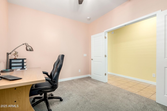 23407 W Winslow Ave, Buckeye, AZ 85326 - carpeted home office featuring ceiling fan, tile patterned floors, and baseboards