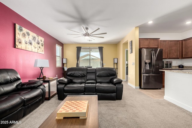 23407 W Winslow Ave, Buckeye, AZ 85326 - living area with light carpet, a ceiling fan, baseboards, and recessed lighting