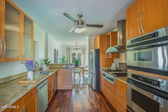 kitchen featuring appliances with stainless steel finishes, dark hardwood / wood-style floors, island range hood, sink, and light stone counters