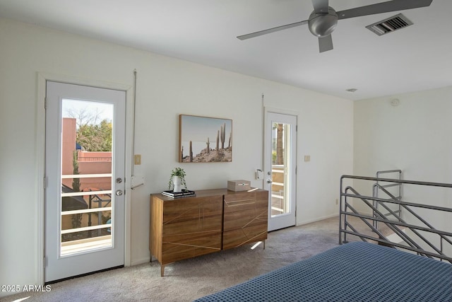 bedroom with carpet floors, access to exterior, and ceiling fan