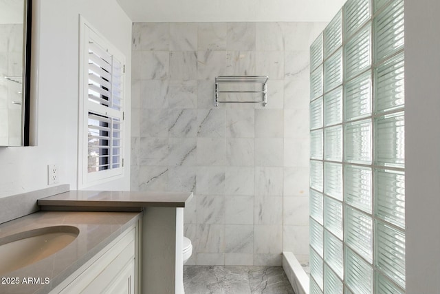 bathroom with vanity, tile walls, and toilet