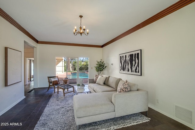 living room featuring an inviting chandelier and ornamental molding