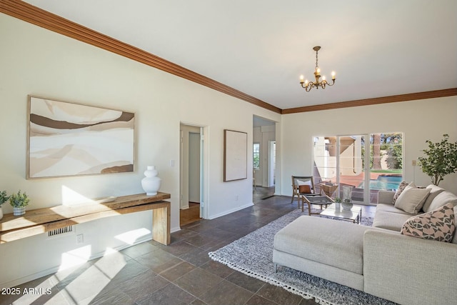 living room with crown molding and a notable chandelier