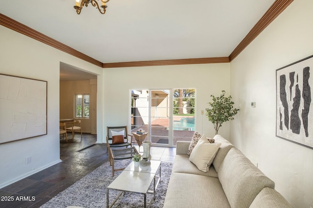 living room with ornamental molding