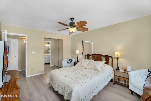 811 S 79th Way, Mesa, AZ 85208 - bedroom featuring light wood-style flooring, baseboards, connected bathroom, and a ceiling fan