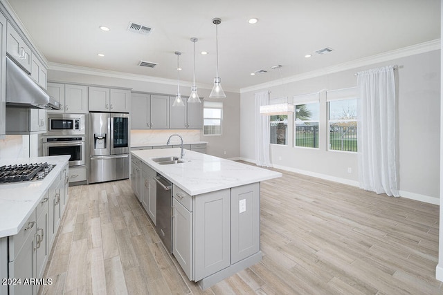 kitchen with gray cabinets, sink, hanging light fixtures, stainless steel appliances, and a center island with sink