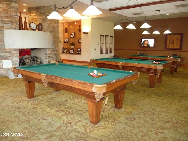 recreation room featuring billiards and carpet