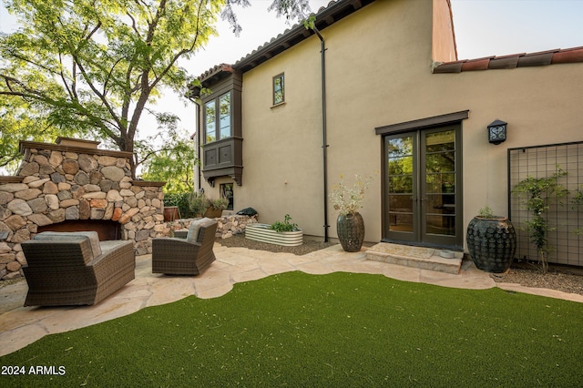 exterior space featuring an outdoor hangout area, a yard, and a patio