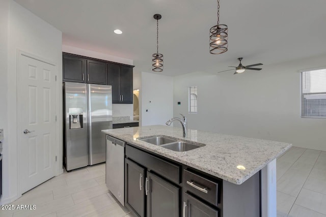 2254 E University Dr Unit 4, Mesa, AZ 85213 - kitchen featuring stainless steel appliances, ceiling fan, light stone countertops, pendant lighting, and light tile patterned floors