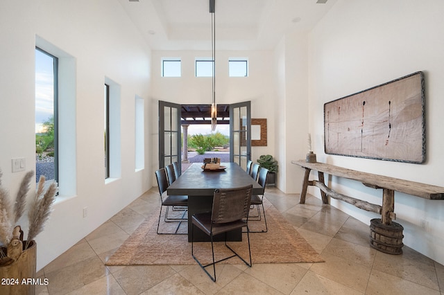 dining room with a high ceiling, a tray ceiling, and plenty of natural light