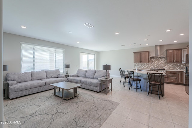 tiled living room with sink