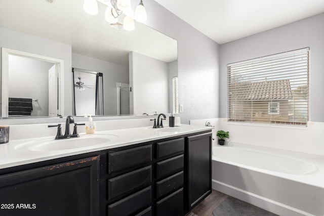 bathroom with vanity and a tub