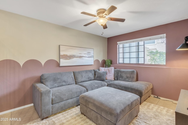 tiled living room featuring a ceiling fan