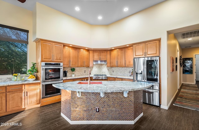 kitchen featuring a center island with sink, appliances with stainless steel finishes, a towering ceiling, light stone counters, and sink